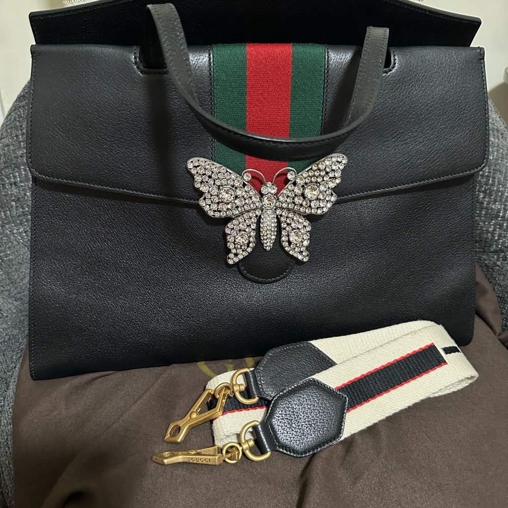 Gucci Black Leather Tote with Crystal Butterfly